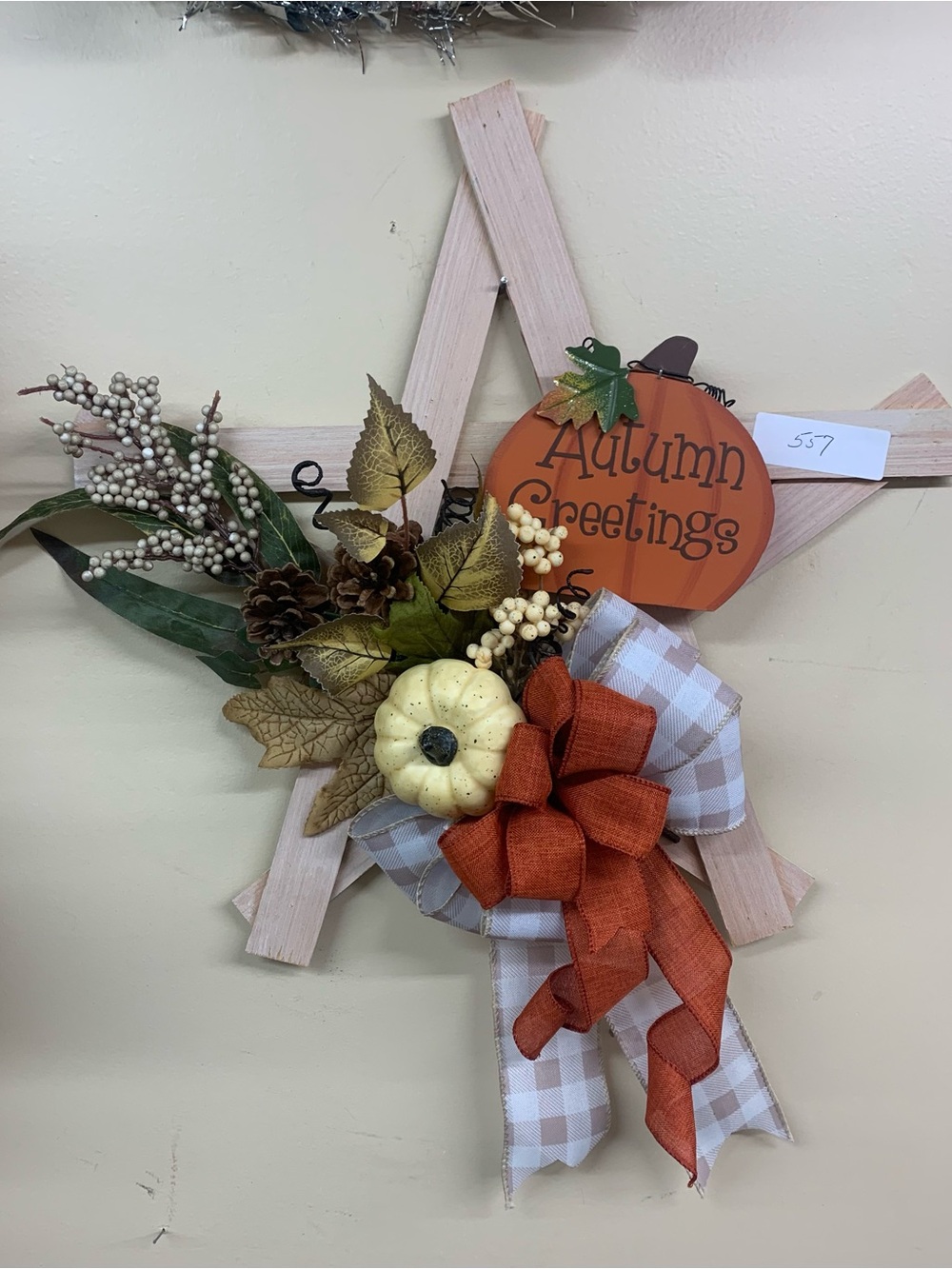 Autumn Greetings Pumpkin Star Wreath with Orange Bow. Inv 557